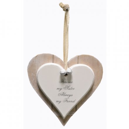 Hanging wooden heart sign with popular Sister slogan
