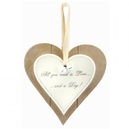 A double heart wooden plaque with popular love and a dog text 