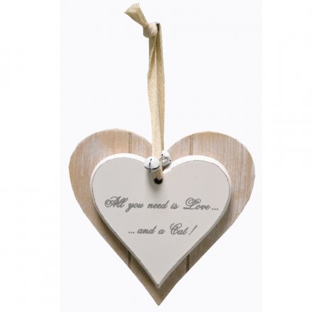 A double heart wooden plaque with love and a cat slogan