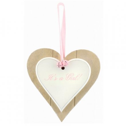 Its A Girl Double Wooden Heart Sign