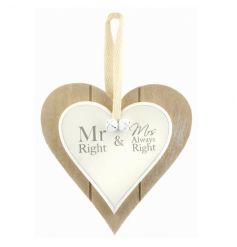Popular Mr and Mrs Right text on a hanging wooden double heart
