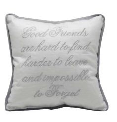 A beautiful cushion with an embroidered friendship slogan.