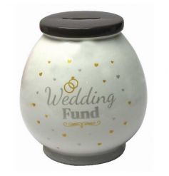 A pot money box with Wedding Fund text and design