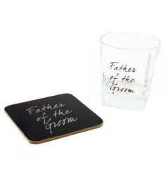 Whiskey glass and coaster set with father of the groom text 