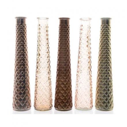 Assorted tall diamond glass vases in tonal colours. Perfect for displaying alone or with a single stem.
