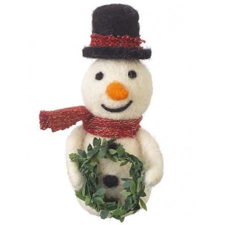 Wool Snowman With Wreath 14cm