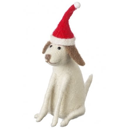 Wool Sitting Dog With Christmas Hat 19cm