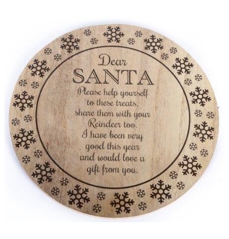 A rustic wooden treat tray decorated with snowflakes and a lovely poem for Santa and his reindeer. 