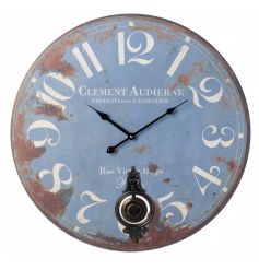 Large blue clock with a distressed style and pendulum