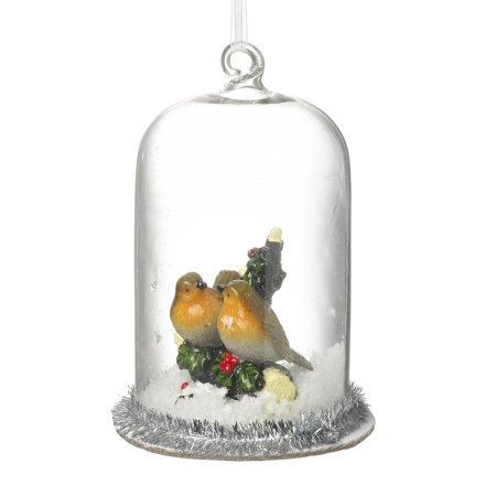 Hanging Glass Snow Dome - Robins