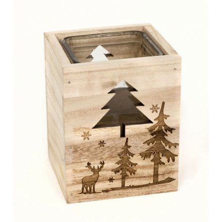 A chunky wooden t-light holder with a festive woodland scene engraved.