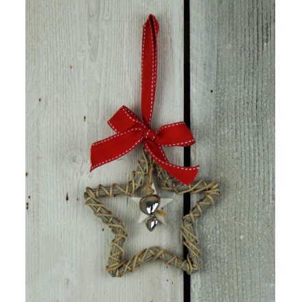 Wicker Hanging Star w Hearts 15cm