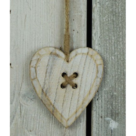 Wooden Hanging Button Heart, 11cm