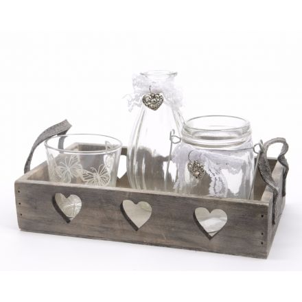 Wooden Tray T Lights Washed Grey