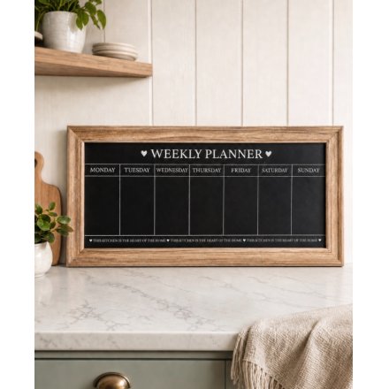 A shabby chic wooden chalkboard with weekly planner design