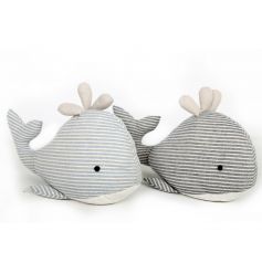 Charming and cute stripe whale doorstops in 2 assorted designs.