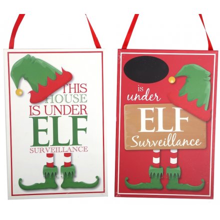 An assortment of 2 fabulous elf surveillance signs, including one with chalkboard to personalise.