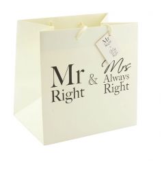 Popular Mr and Mrs text on a cream coloured gift bag