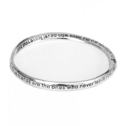 A gorgeous silver bangle engraved with the slogan 'True friends never leave your heart'