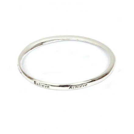 A gorgeous silver bangle engraved with the slogan 'Dream Believe Achieve'.