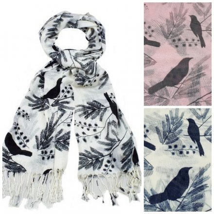 A gorgeous bird design scarf in blue, black and pink colours. The perfect finishing touch.