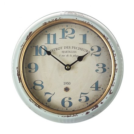 Antique style clock with a distressed and worn finish