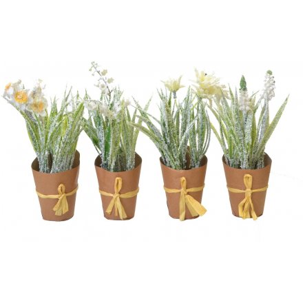 A mix of frosted flower pots with brown kraft paper planters, complete with raffia bows.