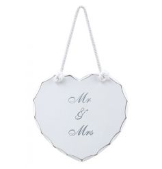 Heart shaped white wooden sign with Mr and Mrs text