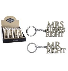 An assortment of two silver key rings with Mr Right and Mrs Always Right design 