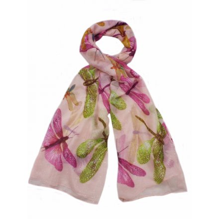 An assortment of 3 colourful scarves with a glitter dragonfly design.
