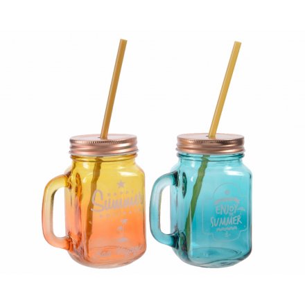 An assortment of 2 coral and aqua summer time drinking jars with straw.