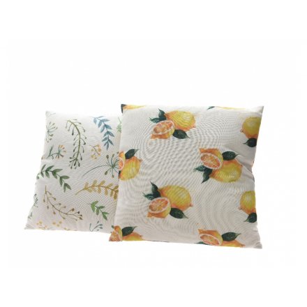 An assortment of 2 fresh and bright cushions with a leaf and lemon design. Beautiful cushions for the home or garden.