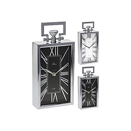 A stylish silver table clock with handle and roman numerals.