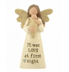 A gorgeous angel figure with It was love at first sight slogan.