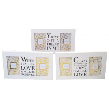 3 assorted slogan frames, each with twin 4 x 6 frames. A stylish gift item.