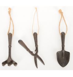 A mix of 3 iron garden tools ornaments with chunky rope hanger.