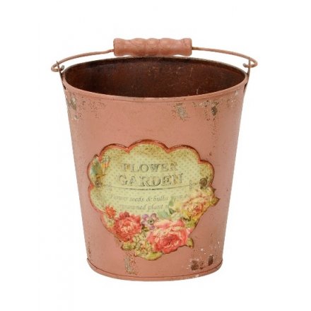 A vintage inspired metal bucket in pink with a pretty floral label. Ideal for planting, display and storage.