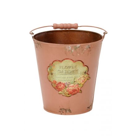 A vintage inspired pink bucket with handle and Flower Garden illustrated label. Ideal for planting, storage and display