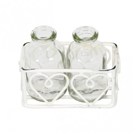 A miniature tray with hearts and two milk bottles. A shabby chic decorative accessory. Ideal for handpicked flowers.
