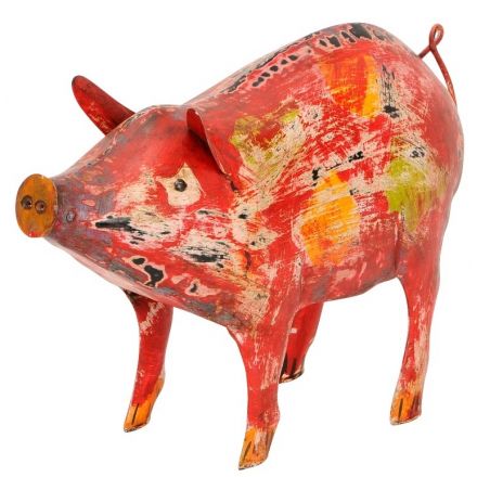 A colourful and quirky pig ornament. A unique decorative item for the home which is filled with rustic character