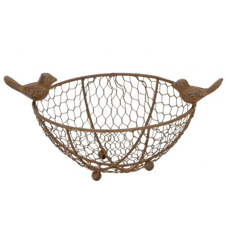 A rustic style wire basket with 2 decorative birds.