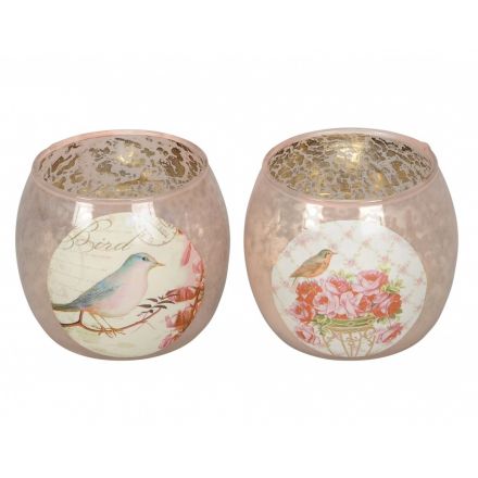 An assortment of 2 vintage inspired glass t-light holder/decorative pot with a pink bird illustration.