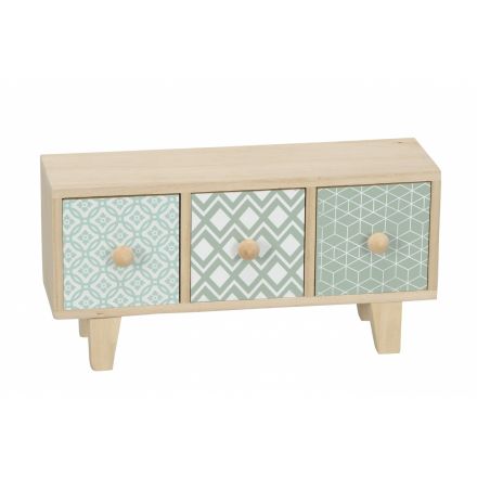A stylish and contemporary wooden storage unit with three drawers, each with a different geometric design.