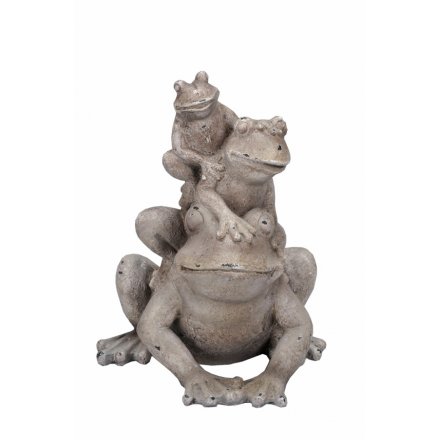 A family totem of friendly frog ornaments made from stone. A unique and stylish accessory for the home or garden.