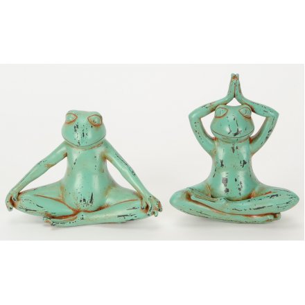 An assortment of 2 colourful and unique yoga frog ornaments with a rustic finish. 