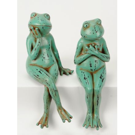 An assortment of 2 sitting frog ornaments, each with a green distressed finish.