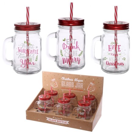 A mix of 3 fun and festive mason drinking jars with straws. An on trend seasonal gift item.