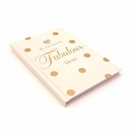 My little book of fabulous ideas notebook with heart gem and gold polka dot design.
