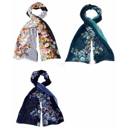 An assortment of 3 pretty coloured scarves with a beautiful floral design.