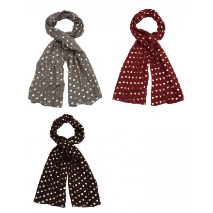 A mix of 3 pretty scarves each with a gold heart pattern. Fashionable gifts for many occasions.
